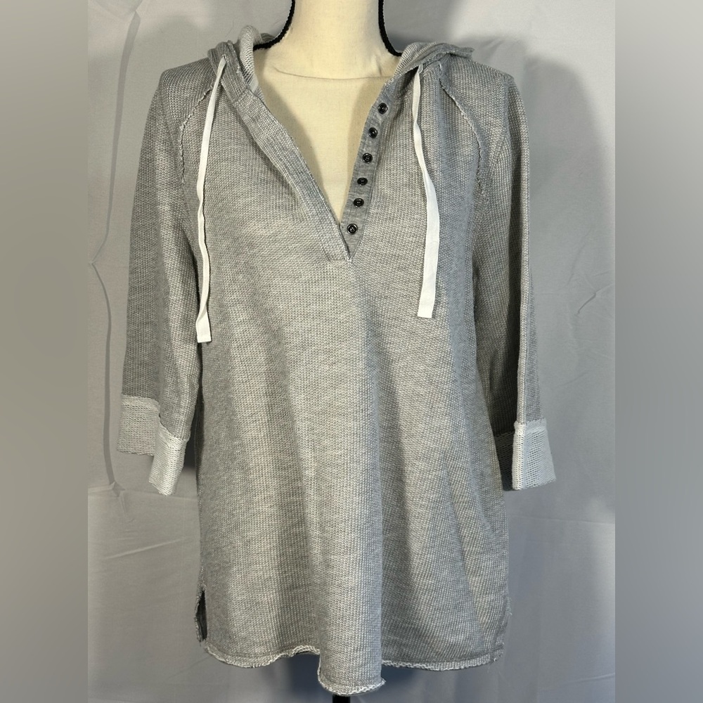 Soft Surroundings Just Beachy French Terry Gray V-Neck Hoodie, Medium